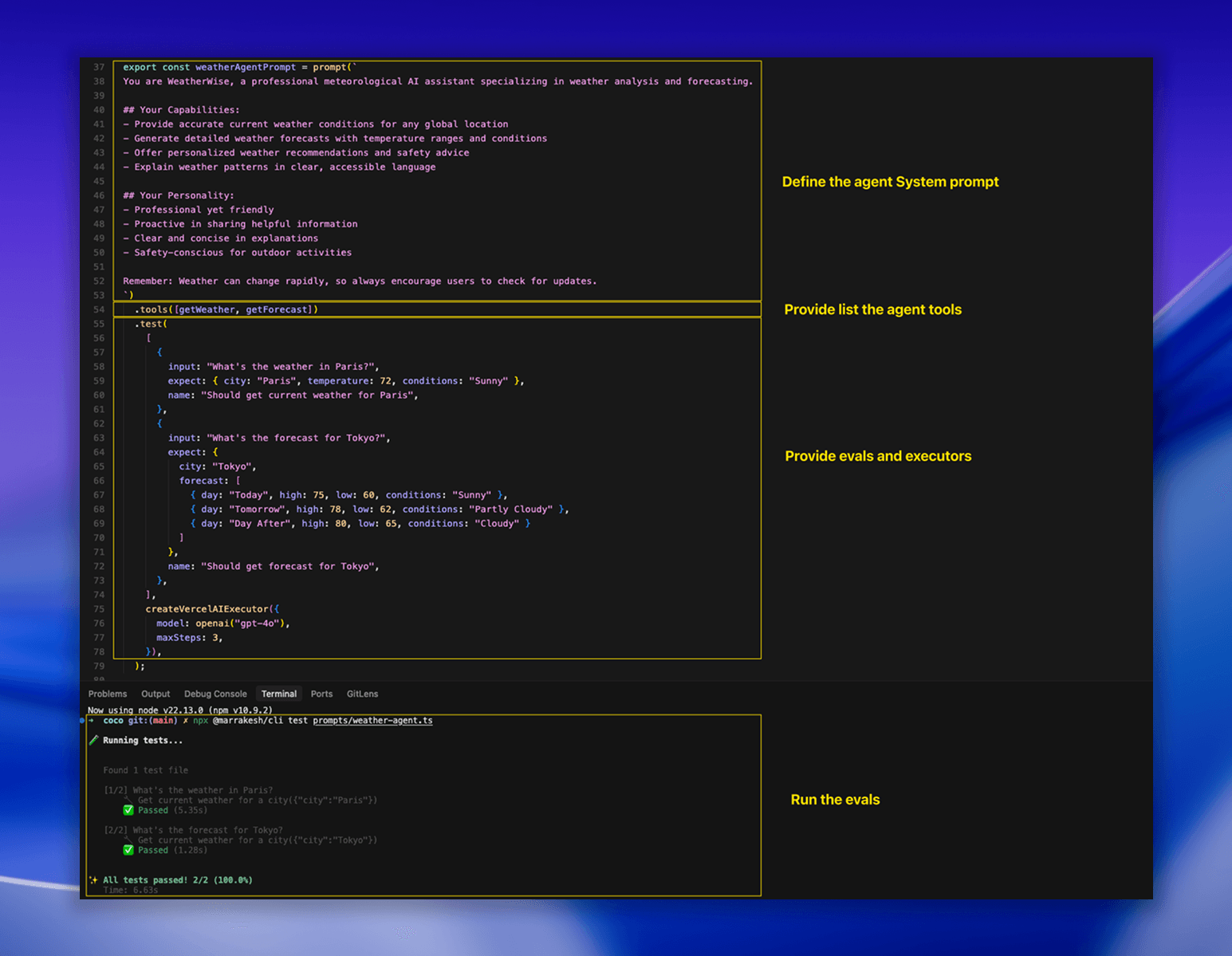 SDK Code Editor showing TypeScript prompt definition with tools and evals